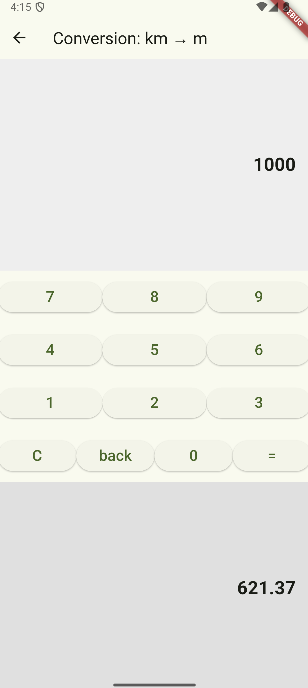 Calculator kilometres to miles screen
