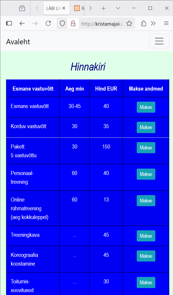 hinnakiri vana mobiilivaade